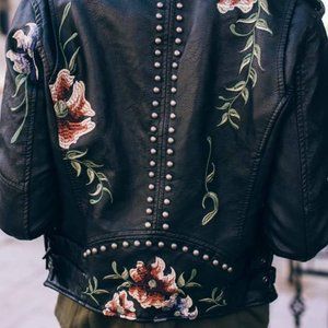 Embroidered Vegan Leather Jacket